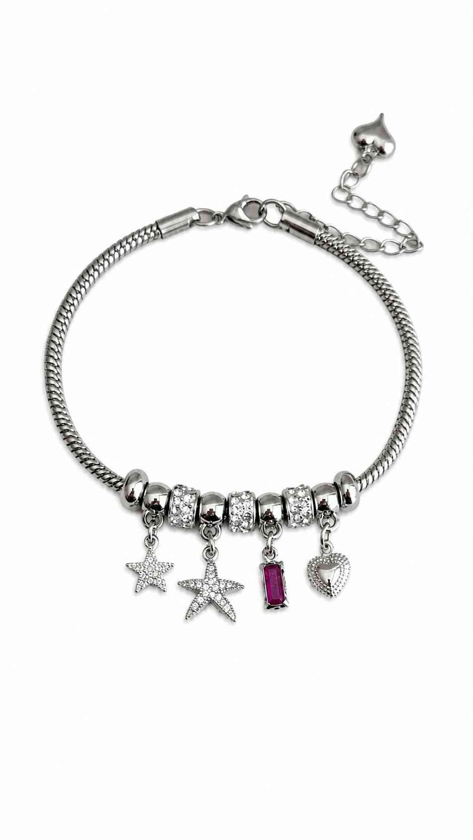 Çelik Yonca Figürlü Charmlı Pandora Bileklik Gümüş 16+5cm