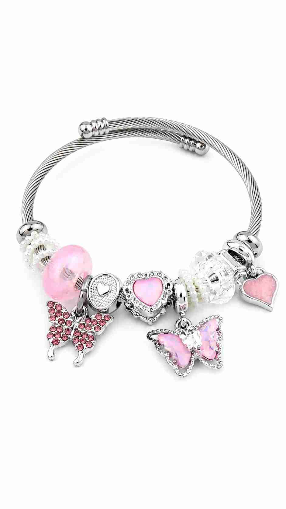 Çelik Pembe Tonlu Kelebek Figürlü Charmlı Pandora Bileklik Gümüş